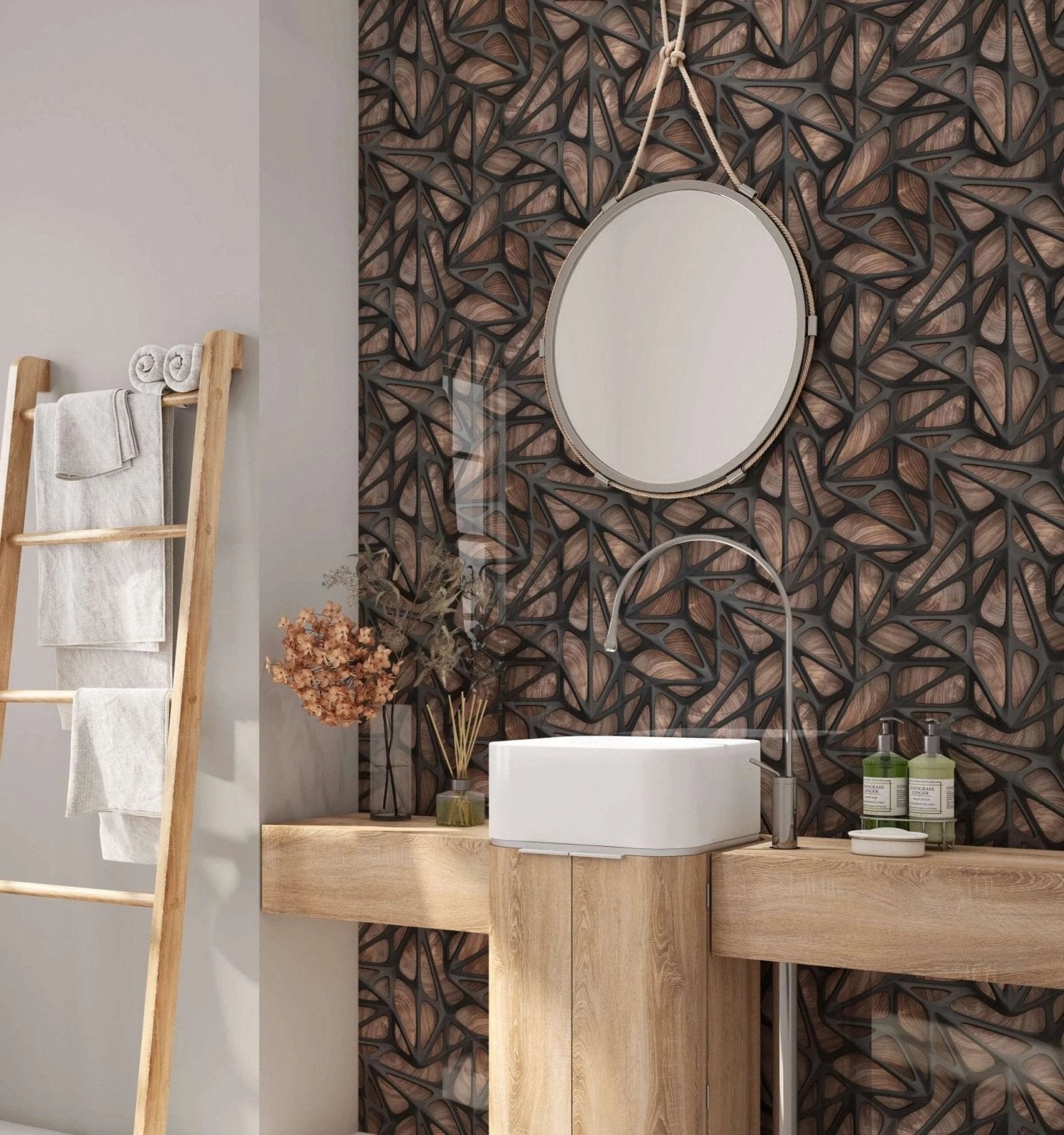 Black Grid on Wood Shower Panel