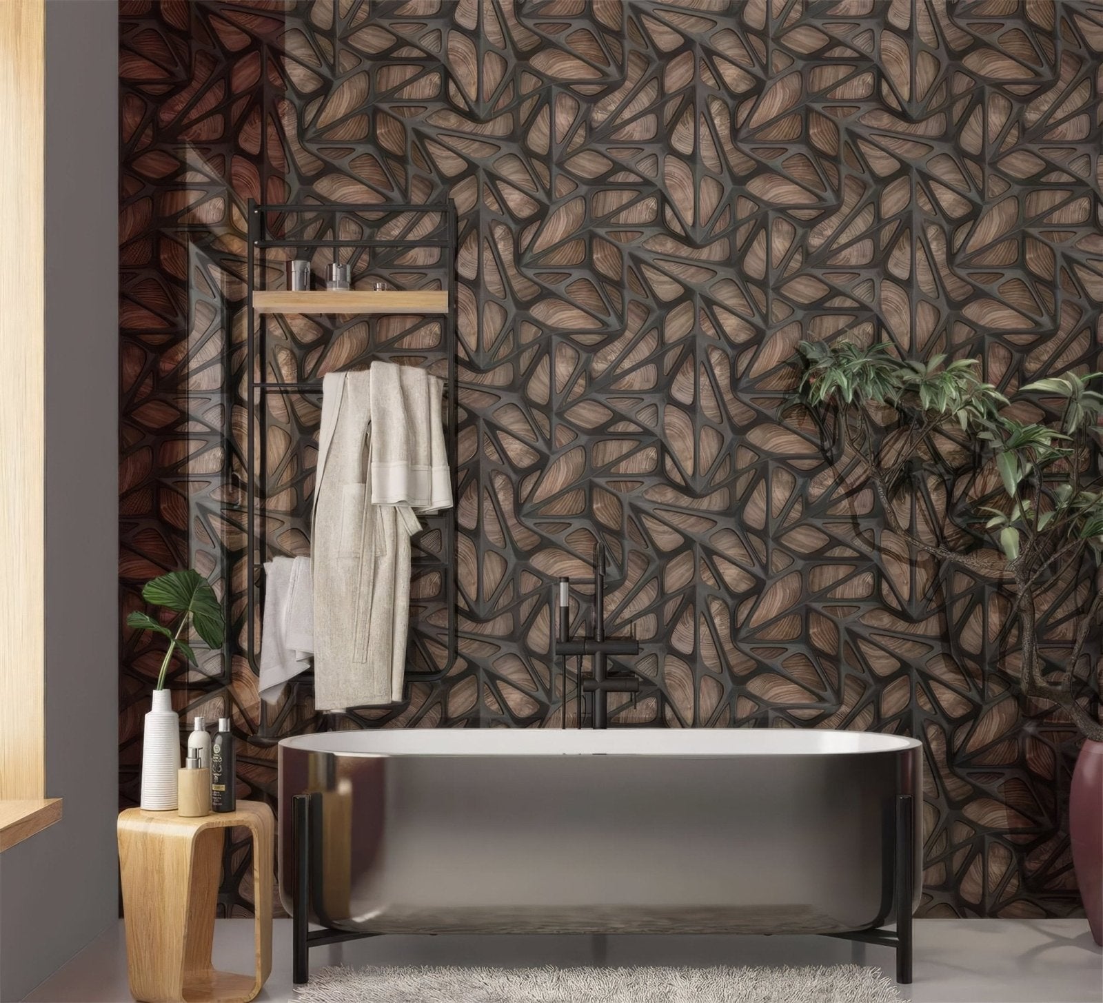 Black Grid on Wood Shower Panel