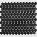 Black honeycomb floor mosaic with glossy black hexagonal tiles and subtle silver grout lines for stylish flooring