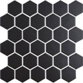 Black large honeycomb floor mosaic with black hexagonal tiles and white grout lines for modern flooring design