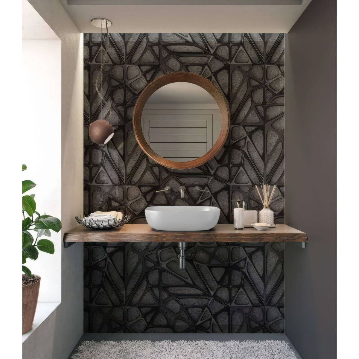 White ceramic vessel sink with sleek modern design on rustic wooden countertop next to black lattice grid concrete shower panel