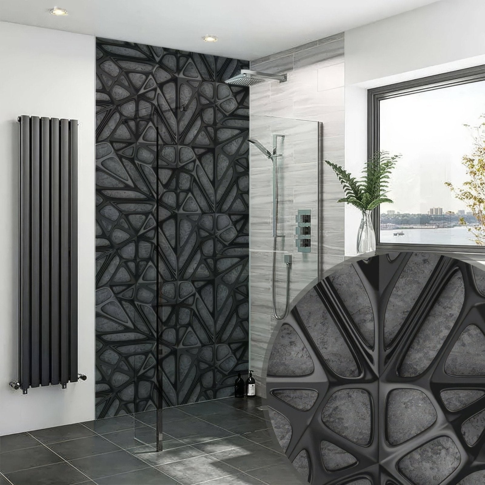 Black lattice grid concrete shower panel featuring a black textured wall panel with a geometric leaf pattern