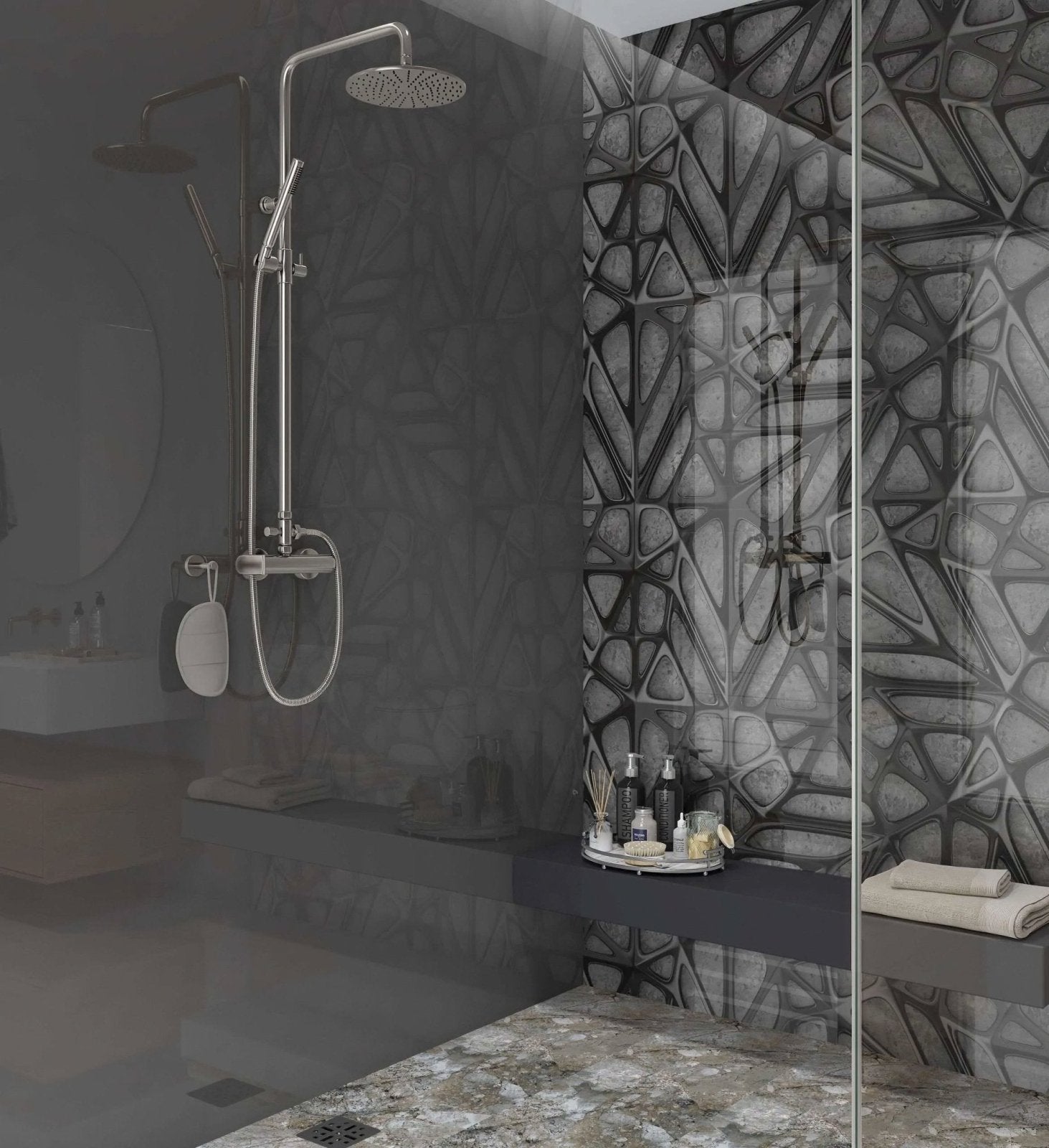 Black Lattice Grid on Concrete Shower Panel