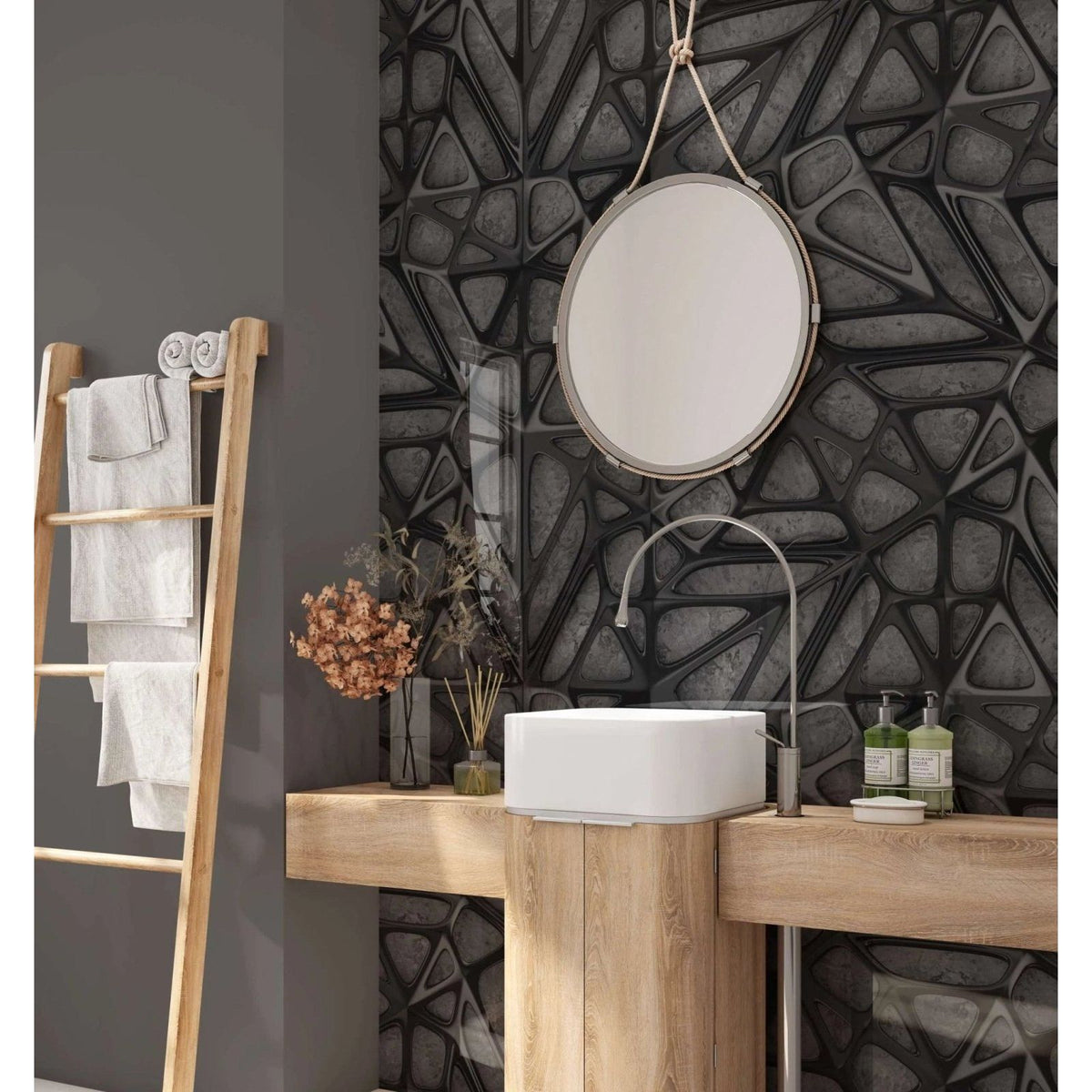Round mirror with silver frame hanging by rope on black lattice grid concrete shower panel background