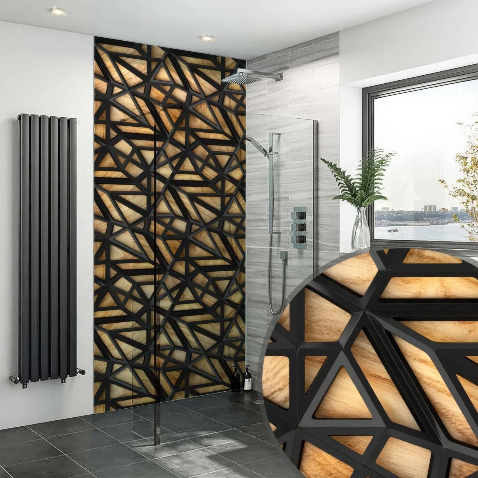 Black lattice grid wood shower panel featuring a black and gold geometric angular wall design