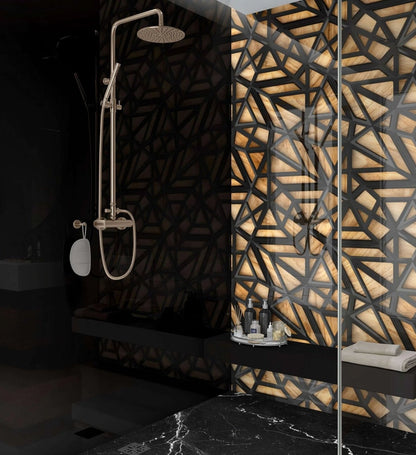 Black Lattice Grid on Wood Shower Panel