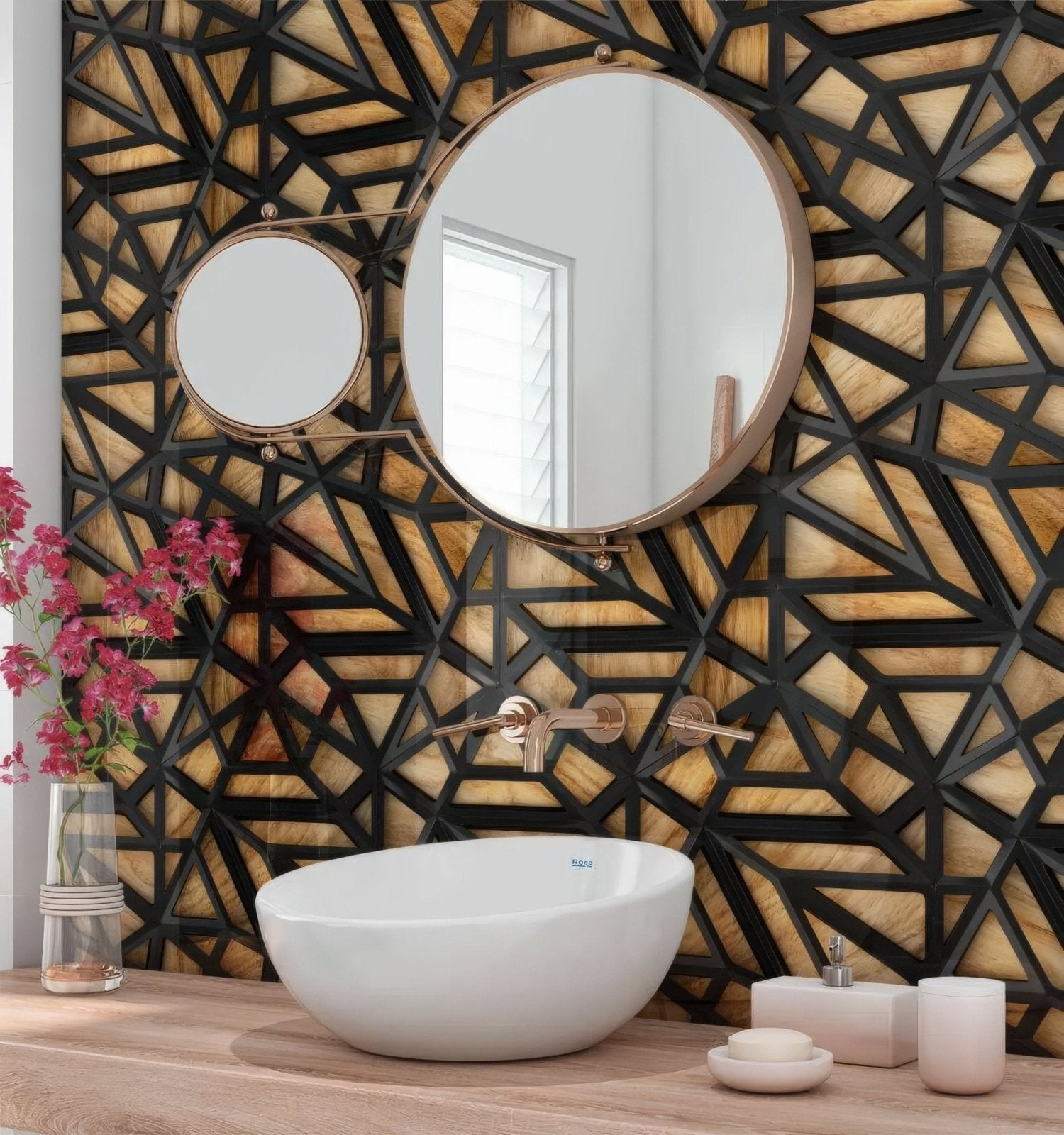 Black Lattice Grid on Wood Shower Panel