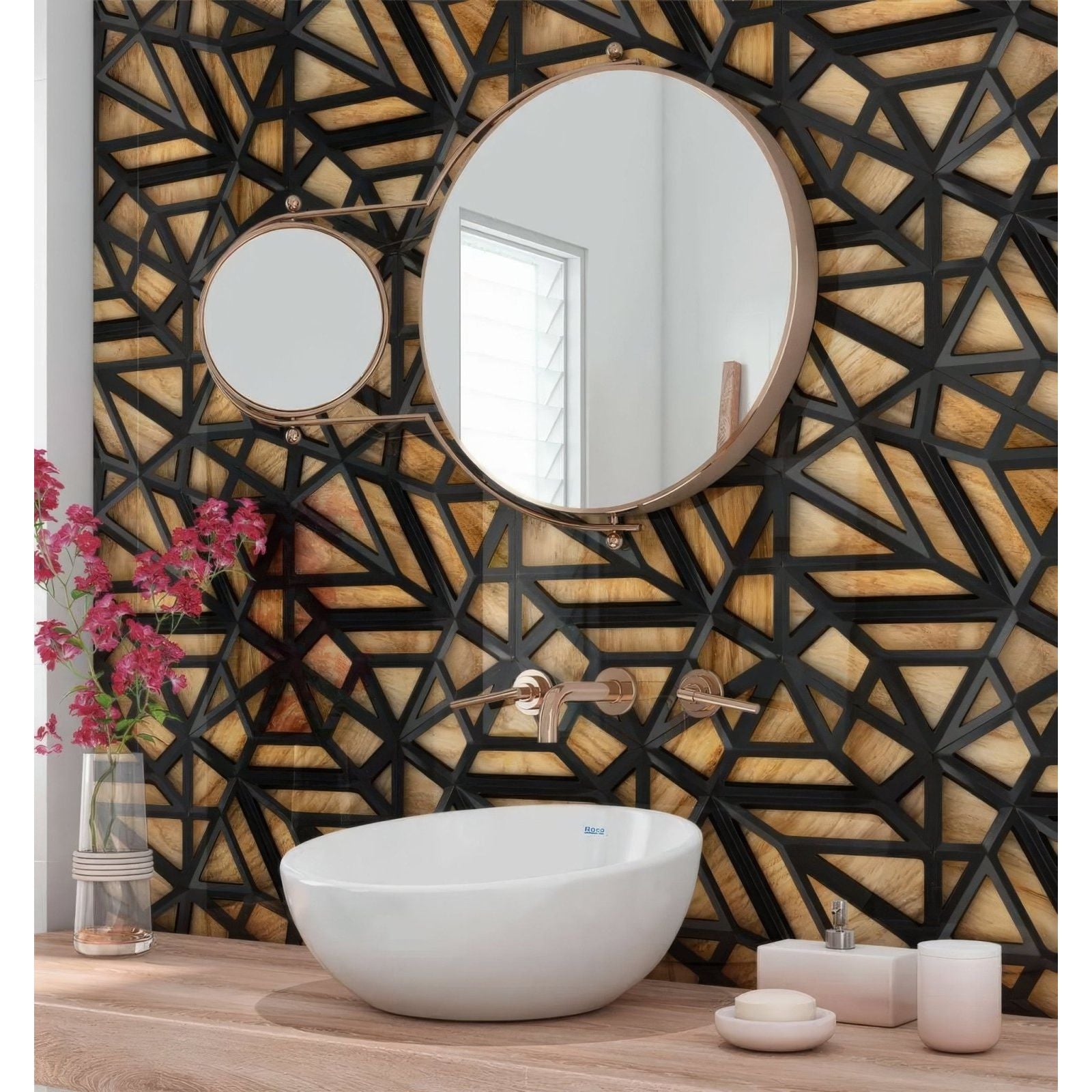 White ceramic bowl sink with gold-toned faucet and mirrors on black lattice grid on wood shower panel accent wall