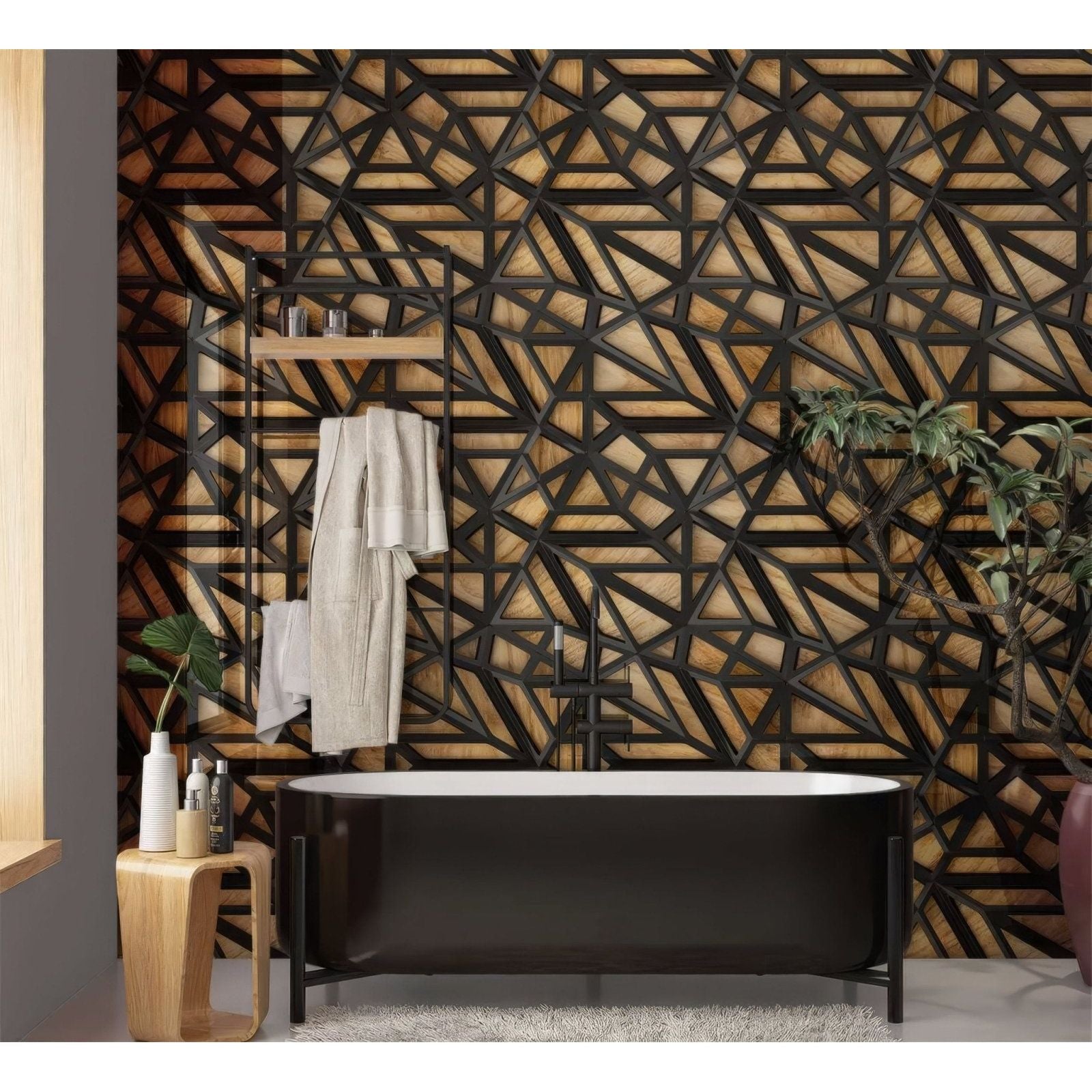 Black freestanding bathtub with sleek modern design and minimalist metal legs shown with black lattice grid on wood shower panel