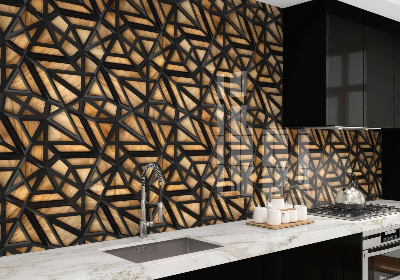Black Lattice Grid on Wood Shower Panel