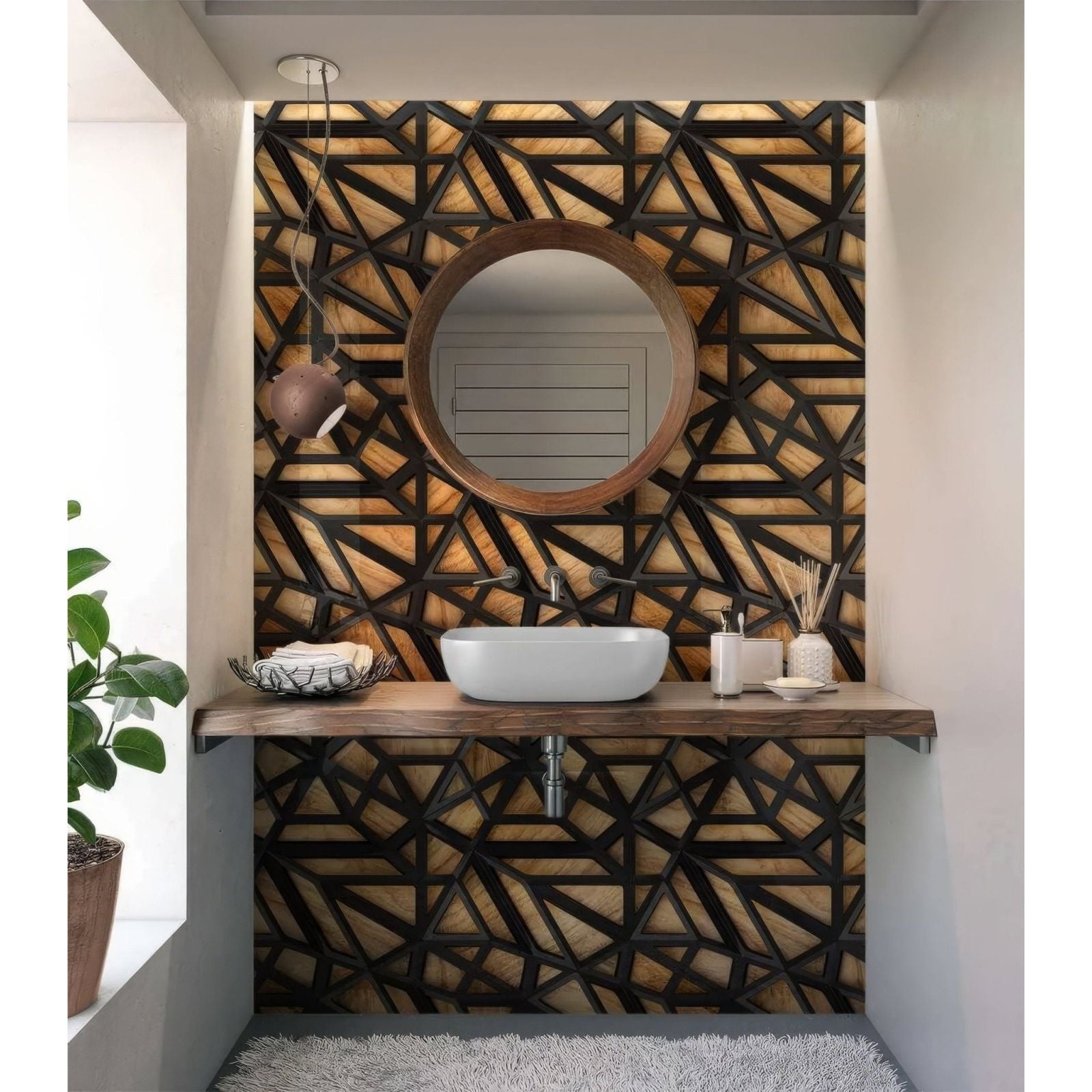 Round wooden-framed mirror with geometric pattern and black accent wall behind black lattice grid on wood shower panel