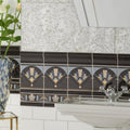 Black Manhattan Border ceramic tiles with real gold and platinum stepped Deco banding, run as a border on a bathroom wall