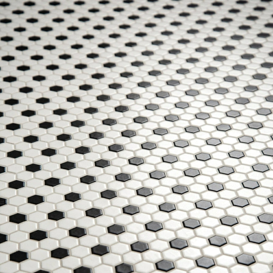 Black & White Honeycomb Floor Mosaic shown as flooring