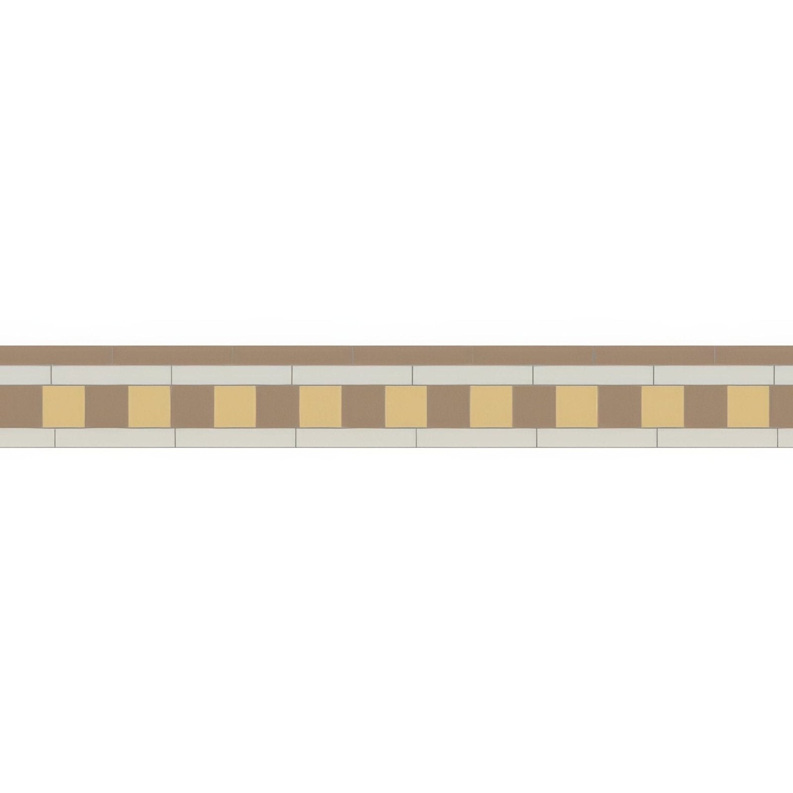 Beige and tan square tile border with alternating light beige medium brown and dark gray rectangular tiles in blake dover bath