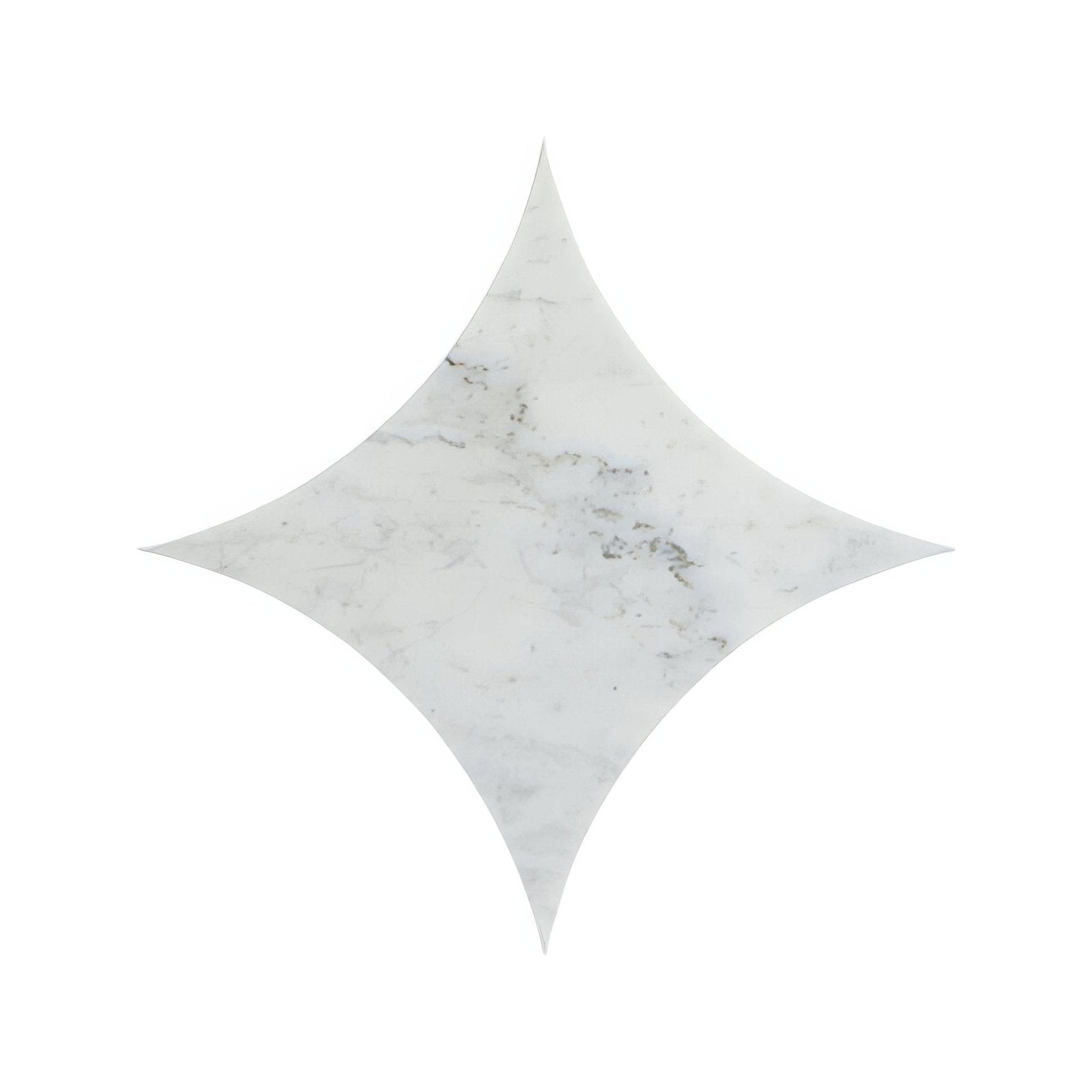 White marble tile blends carrara star with star shaped design and subtle gray veining for elegant flooring