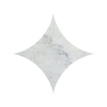 White marble tile blends carrara star with star shaped design and subtle gray veining for elegant flooring