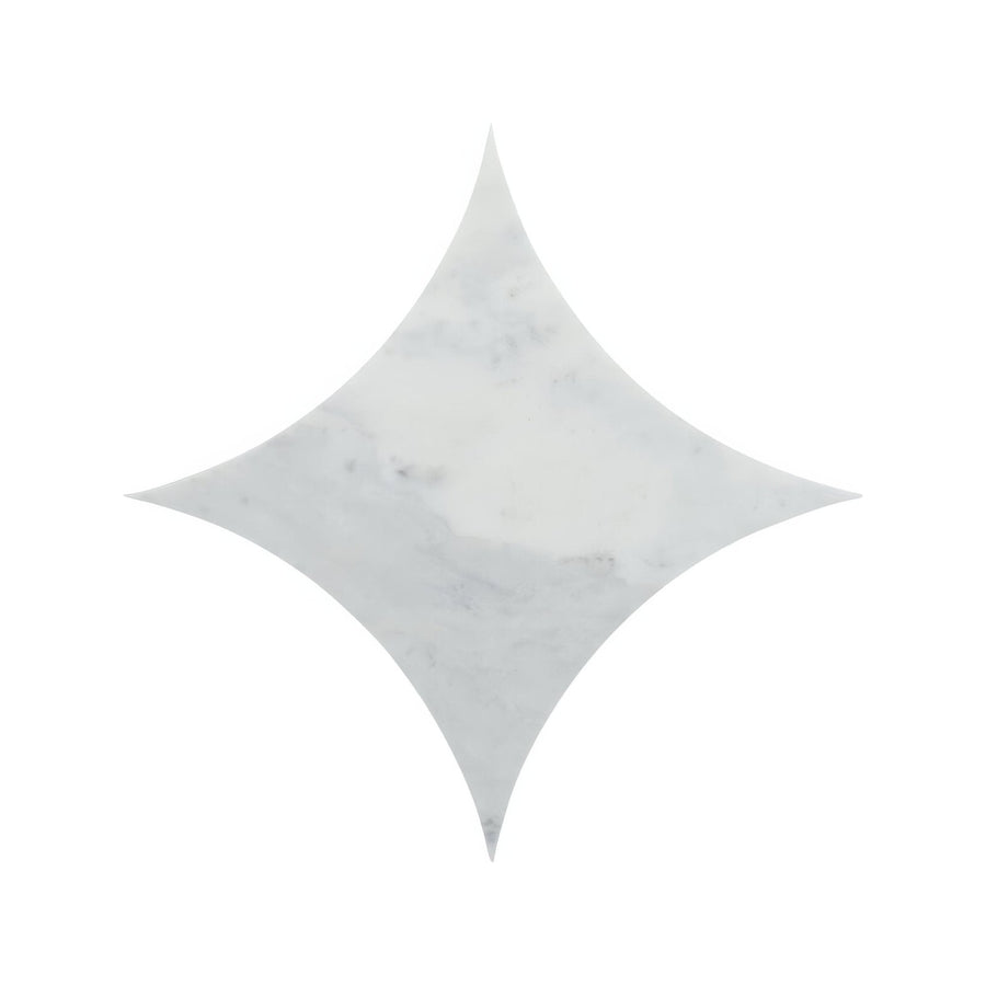 A white marble blends carrara star tile with a star shaped cutout and subtle gray veining