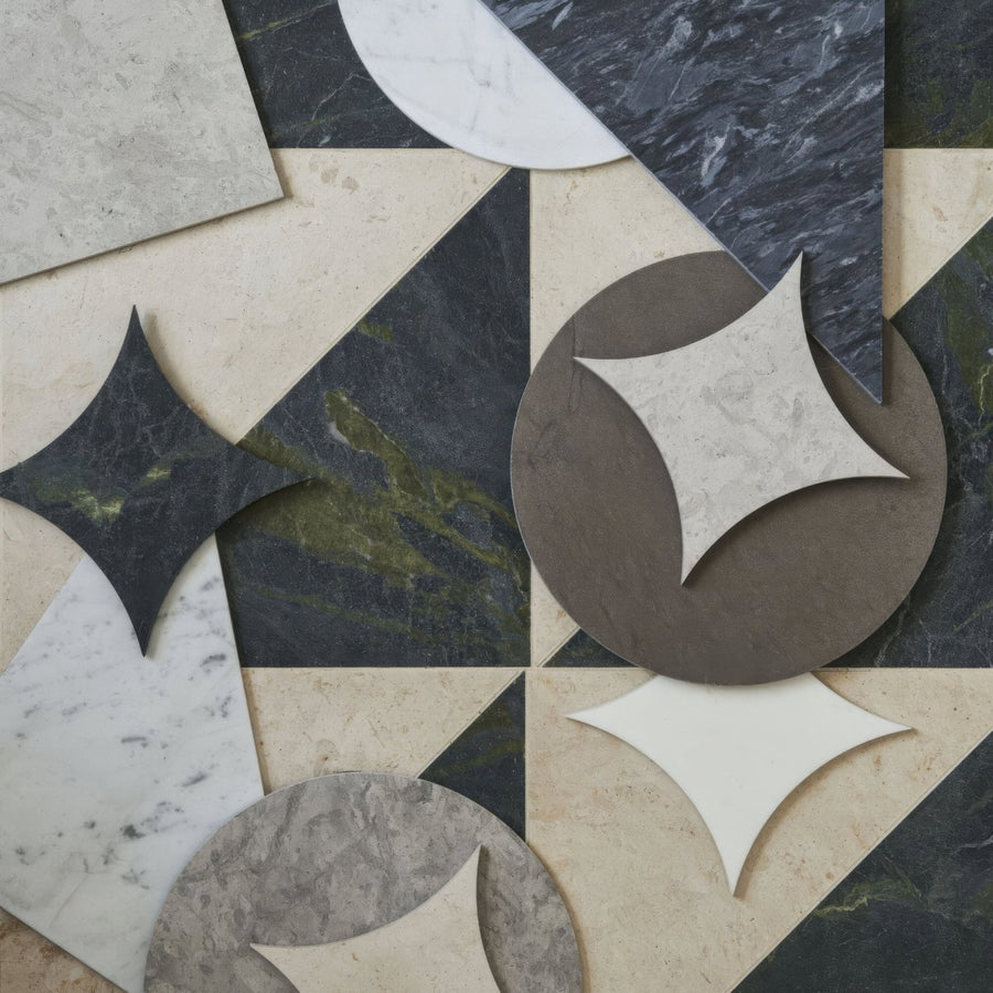 Blends East Hampton Circle geometric marble mosaic tiles in black white and beige with star shaped cutouts