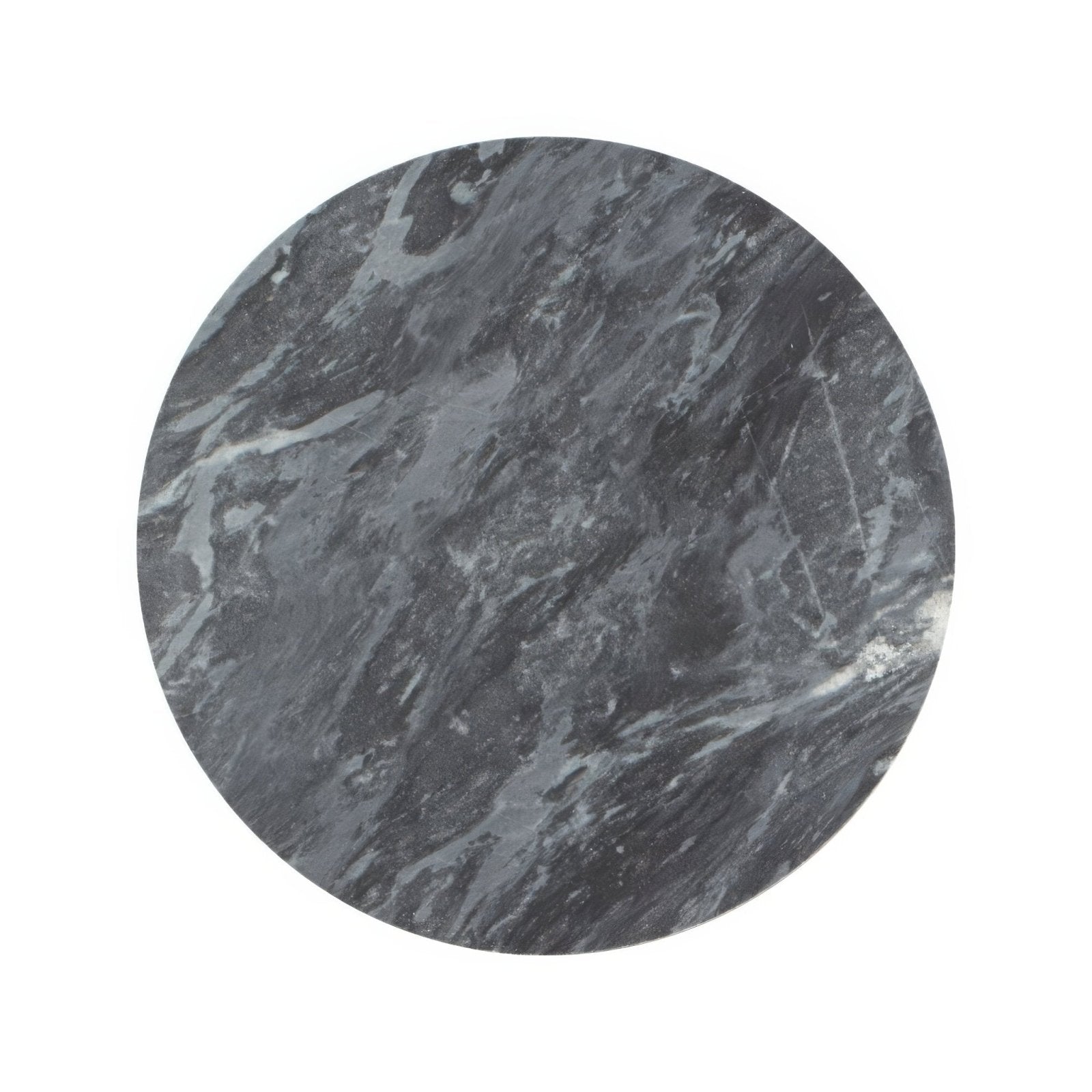 Circular gray marble coaster blends nero circle with swirling white and dark veining for elegant tabletop use