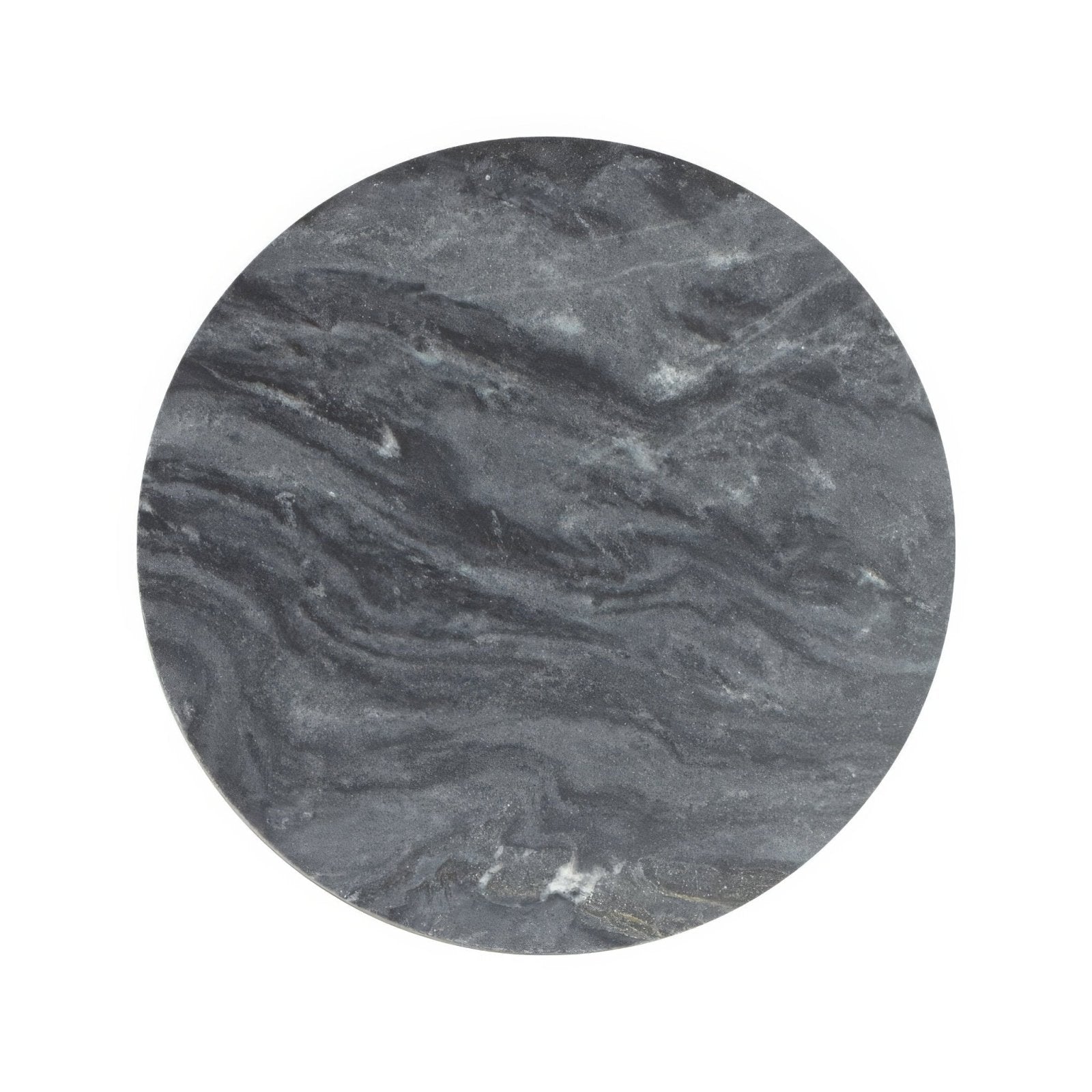 Circular dark gray marble coaster with swirling white veining from the Blends Nero Circle collection