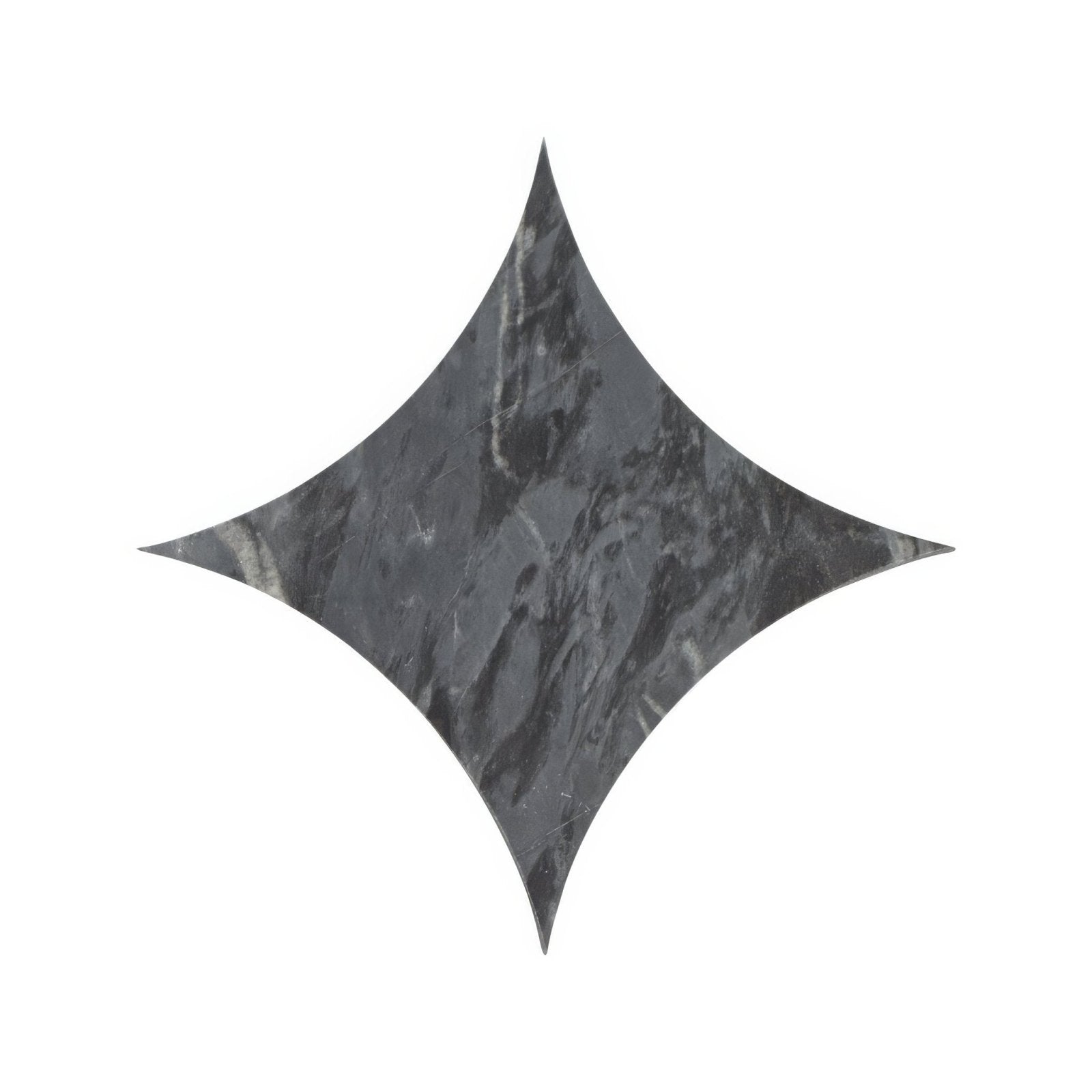 A dark gray four-pointed star-shaped tile with a swirling marble pattern from blends nero star collection