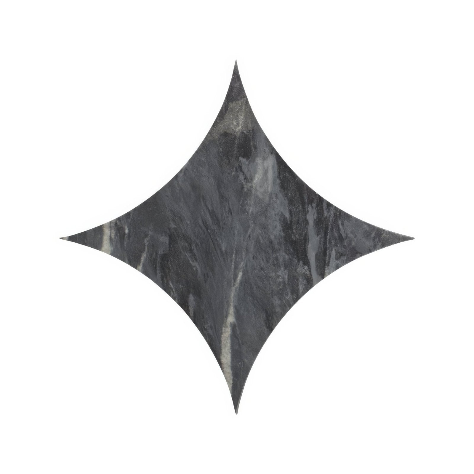 A sleek blends nero star tile with four points and a dark gray marble finish featuring subtle white veining