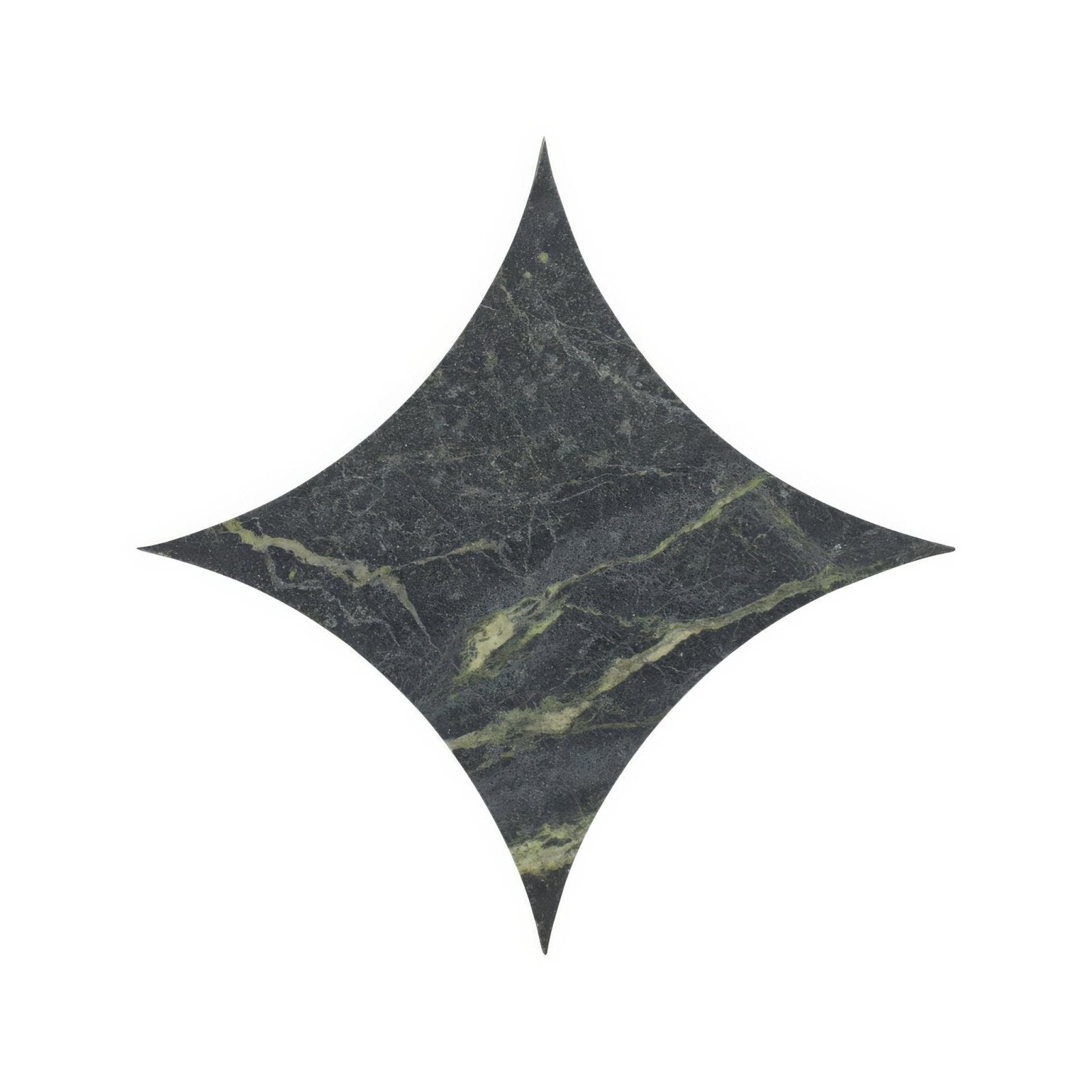 Dark green marble tile blends verde star with star shaped cutout design for decorative flooring and walls