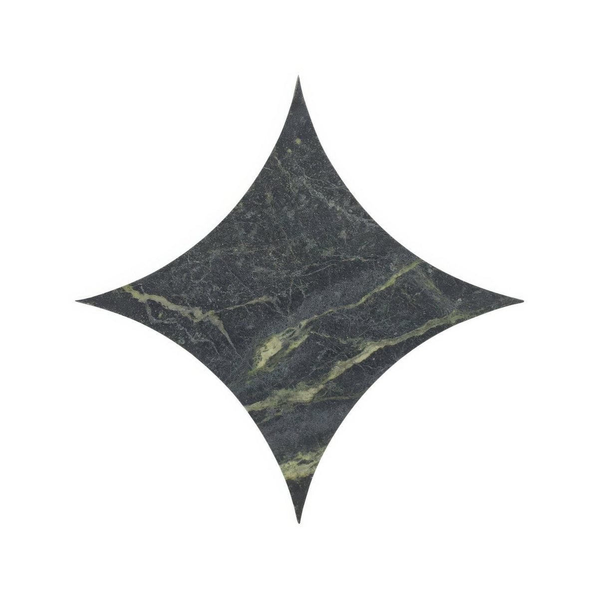 Dark green marble tile blends verde star with star shaped cutout design for decorative flooring and walls