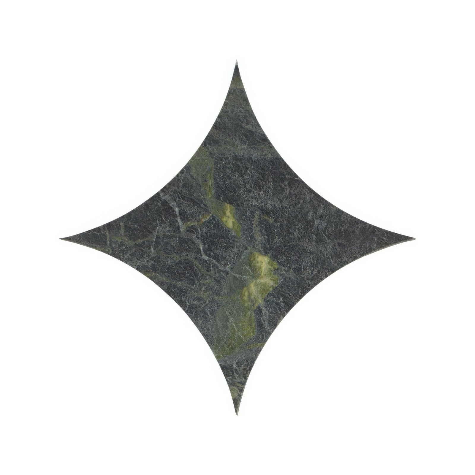 Dark green marble tile blends verde star with star-shaped cutout and subtle veining for elegant interior design