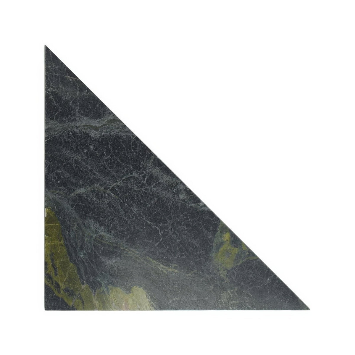 Dark green marble tile blends verde triangle with swirling veining and subtle yellowish-green accents