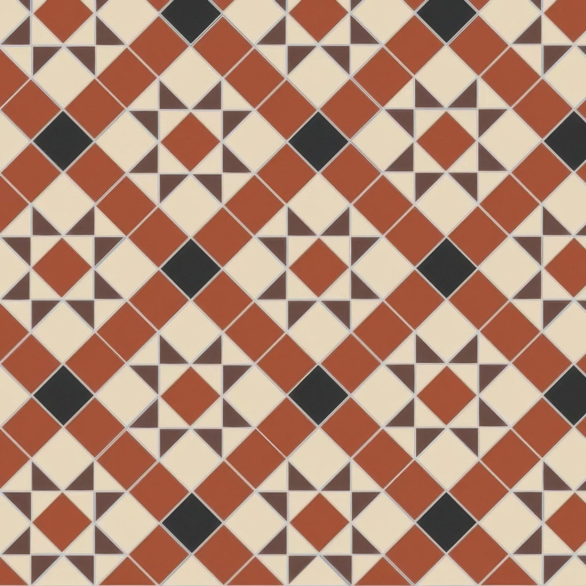 
Blenheim black brown red and white terracotta and cream diamond patterned vintage style floor tile with black accents