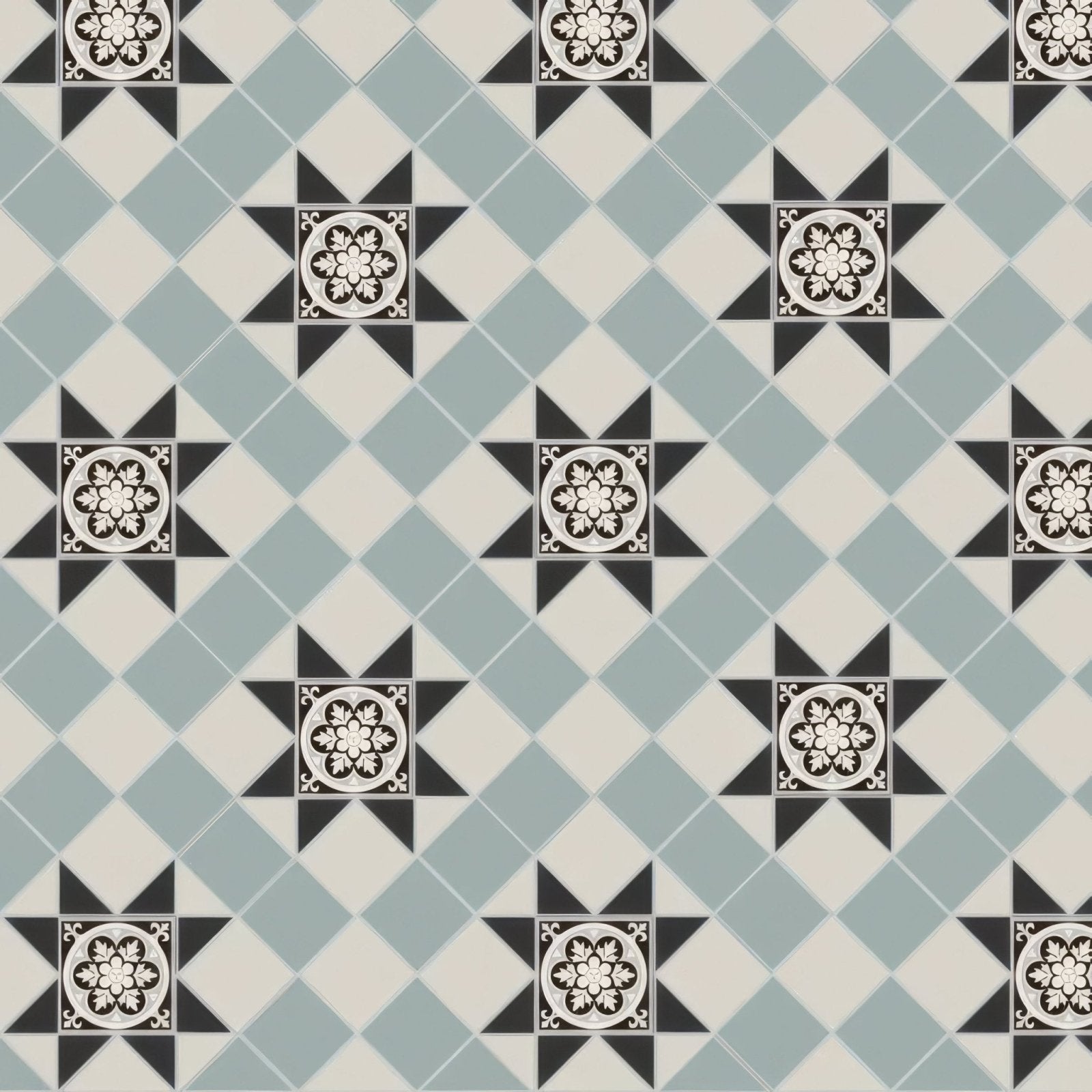 Patterned tile blenheim black dover white and grey with livingstone drop-in featuring light blue black cream diamonds and medallions