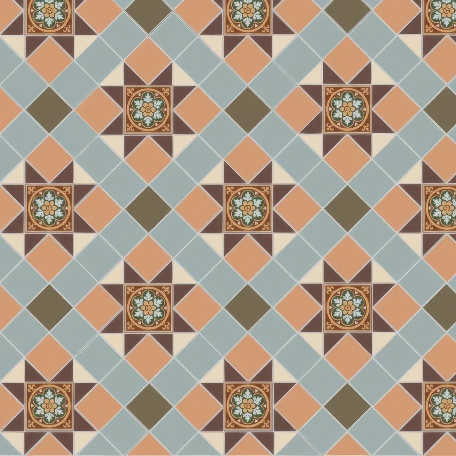 Terracotta and slate blue diamond patterned floor tiles with cream green gold floral medallions in blenheim brown buff green grey white