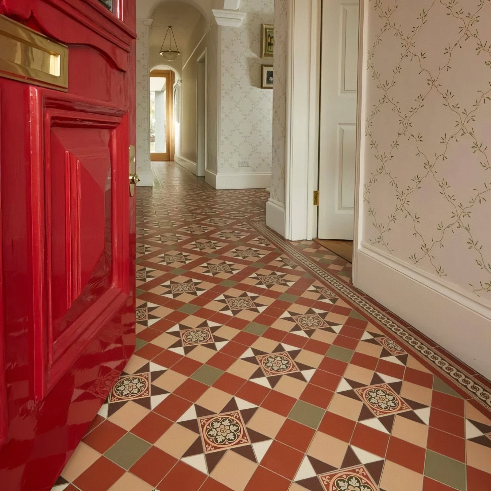 The patterned tile floor features blenheim brown, buff, green, red, and white in a geometric diamond design