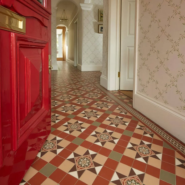 Brown, Buff, Green, Red & White with Livingstone Green on Buff Ceramic Floor Tile
