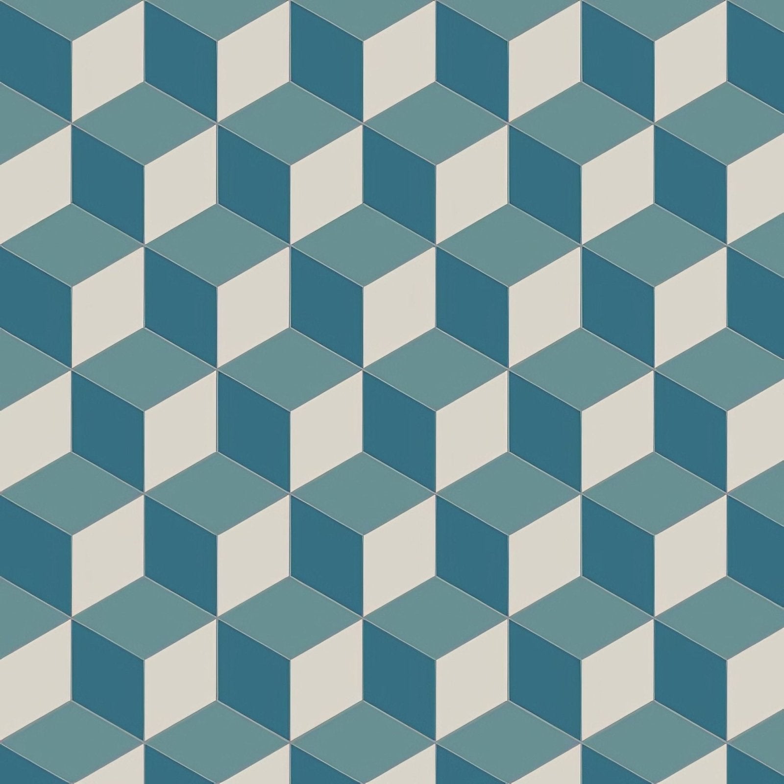 Bloomsbury dover white pugin blue and blue geometric cube pattern wallpaper in blue and beige tones