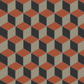 Bloomsbury red black and holkham dune fabric with a repeating geometric pattern of interlocking terracotta charcoal and beige cubes