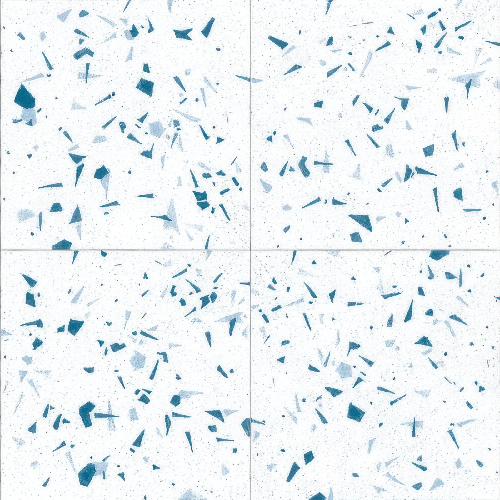 White terrazzo floor tiles blue fragment 20x20cm with scattered blue and light gray geometric fragments