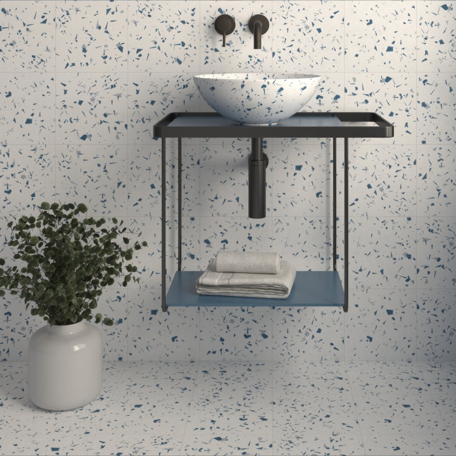 Blue Fragment 20x20cm white terrazzo-effect tile with blue flecks
