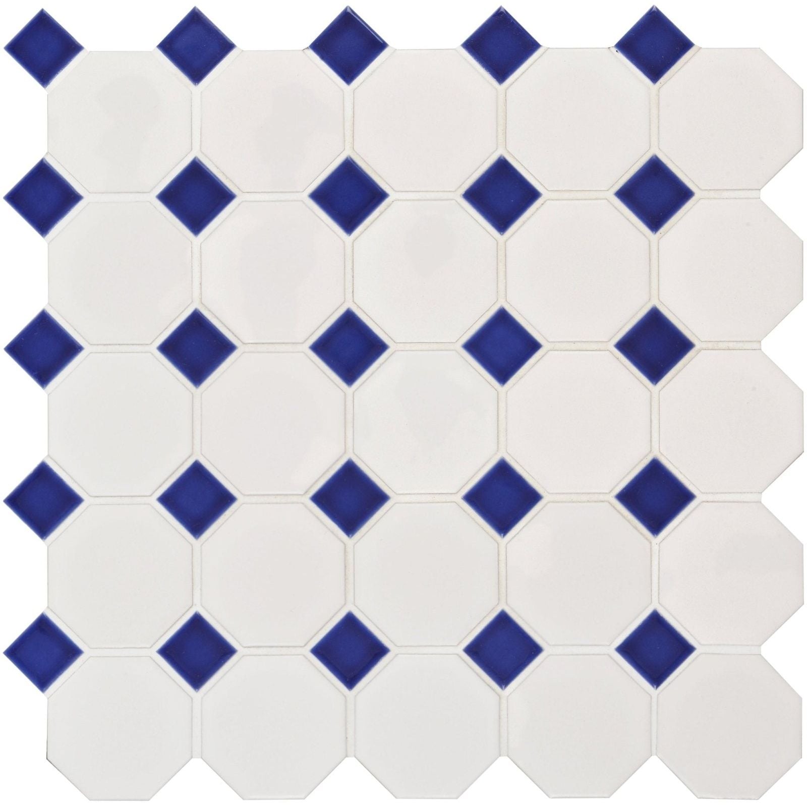 Blue octagon and dot floor mosaic featuring white and navy blue hexagonal glossy tiles for stylish flooring