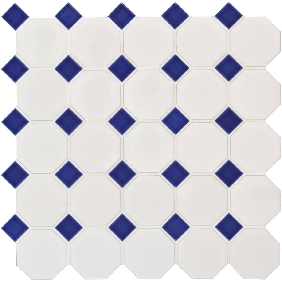 Blue Octagon & Dot Floor Mosaic white and navy blue octagonal glossy mosaic floor