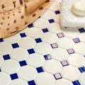 Blue Octagon & Dot Floor Mosaic white octagonal mosaic floor with navy blue and rose gold dot accents