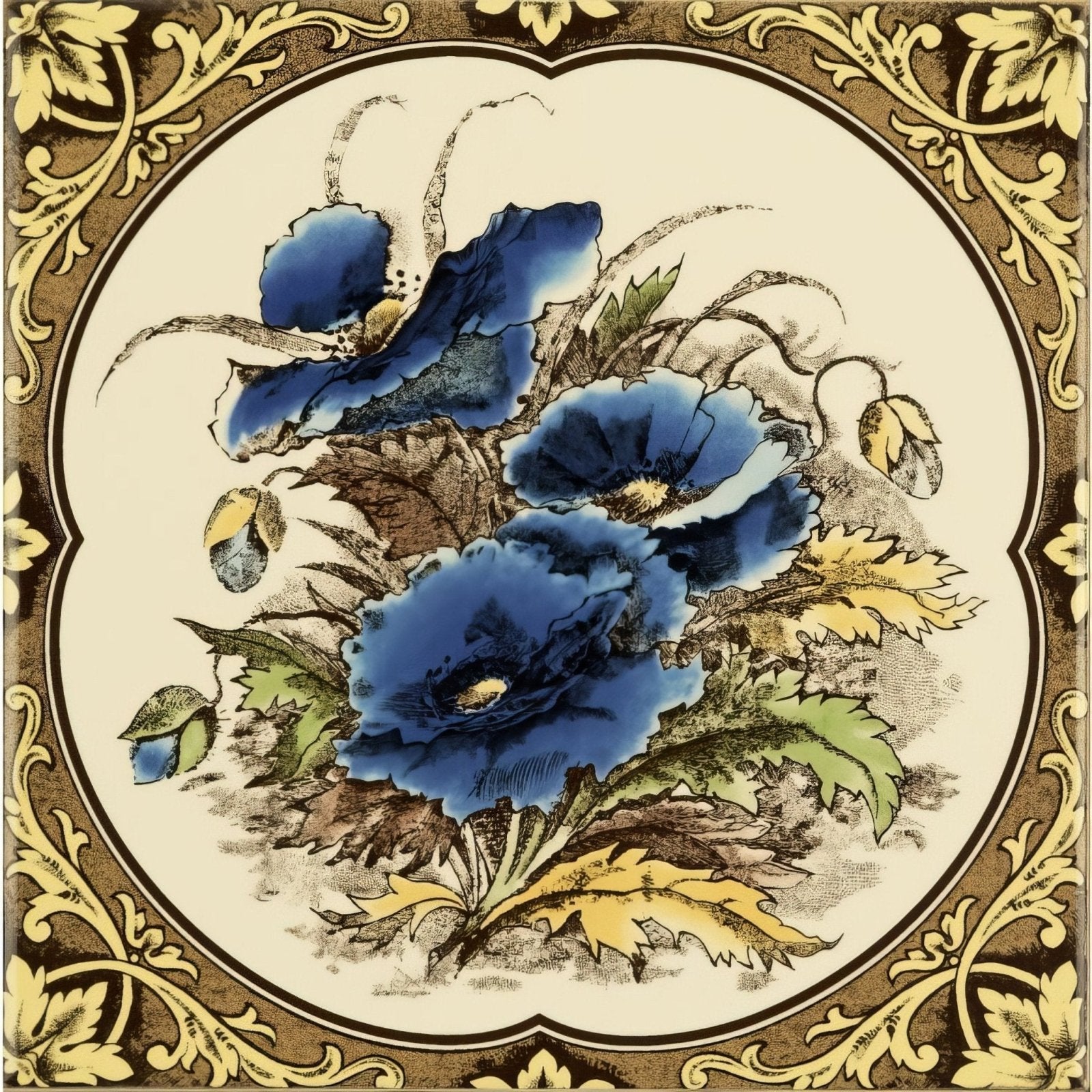 Blue poppies single tile on county white ceramic with hand-painted blue poppies green leaves and gold brown border