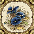 Blue poppies single tile on county white ceramic with hand-painted blue poppies green leaves and gold brown border