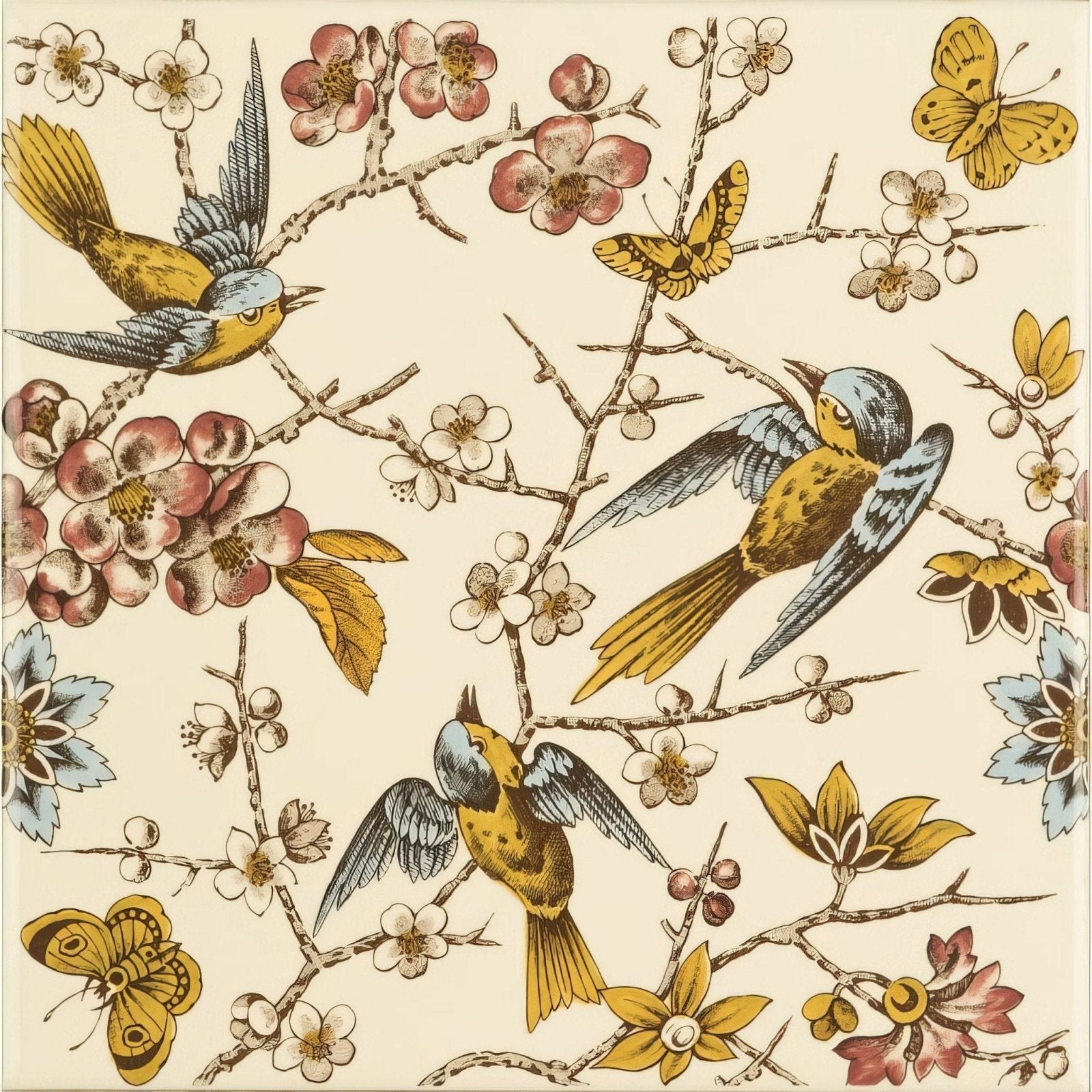 Beige ceramic tile bluebird continuous pattern featuring yellow and blue birds pink blossoms white flowers and gold butterflies