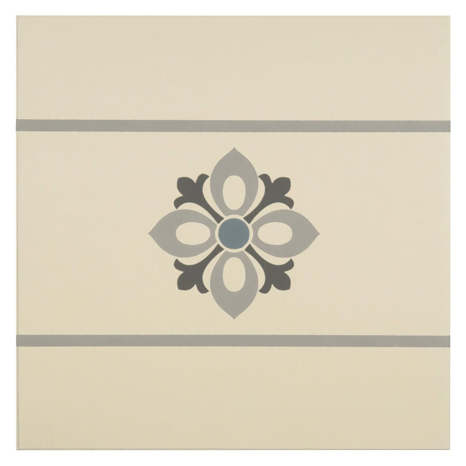 Beige ceramic tile bohemia border light blue light grey and dark grey with central gray floral motif and gray stripes