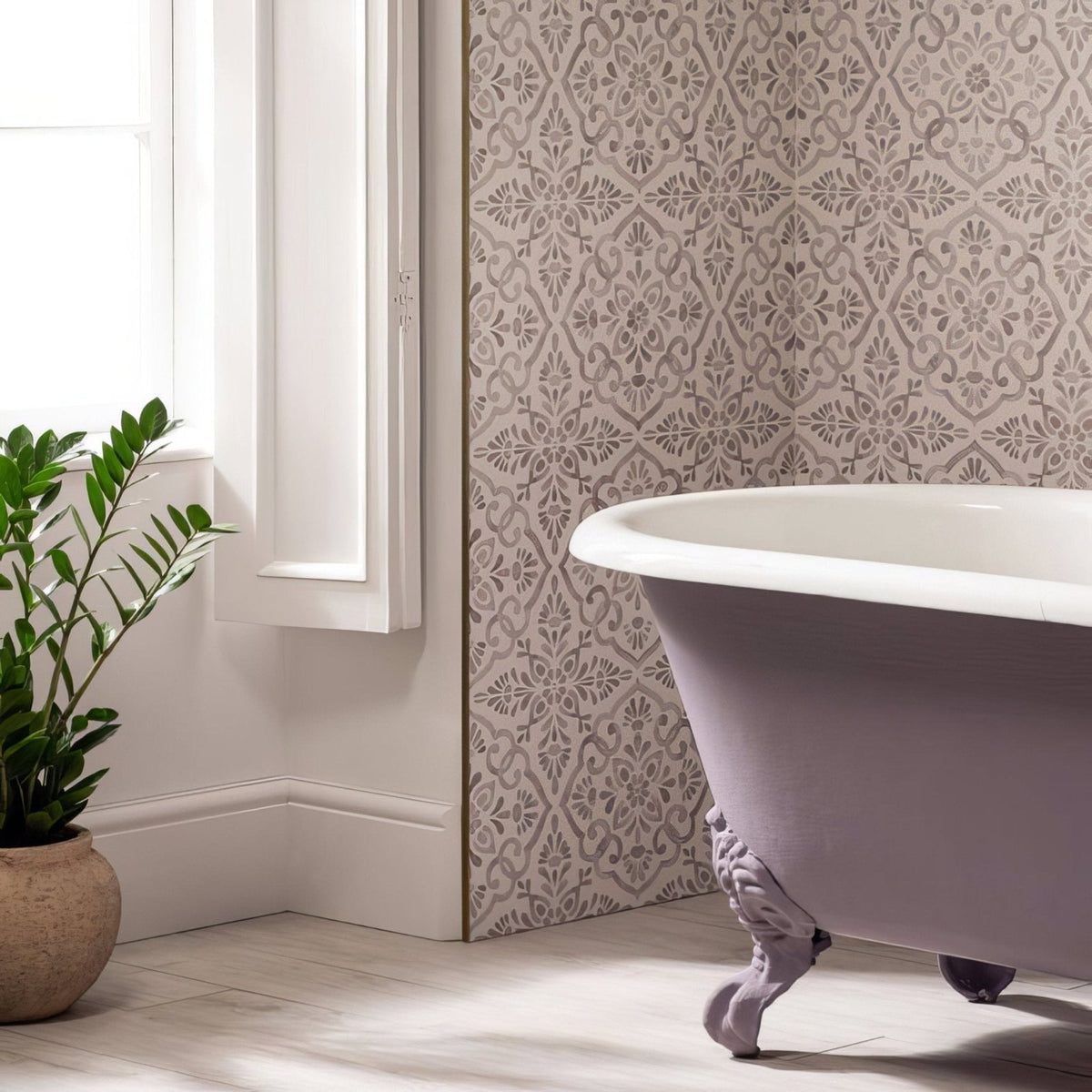 Lavender-colored clawfoot bathtub bohemia penelope 60x30cm with ornate sculpted feet and white porcelain interior