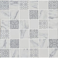 Bohemia recycled glass mosaic featuring gray and white marble patterns floral and geometric tile designs