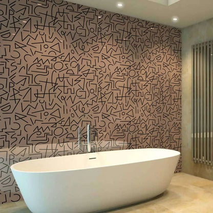 Boho Lines Pink Wall Panel pink panel with a black geometric pattern behind a white freestanding bathtub