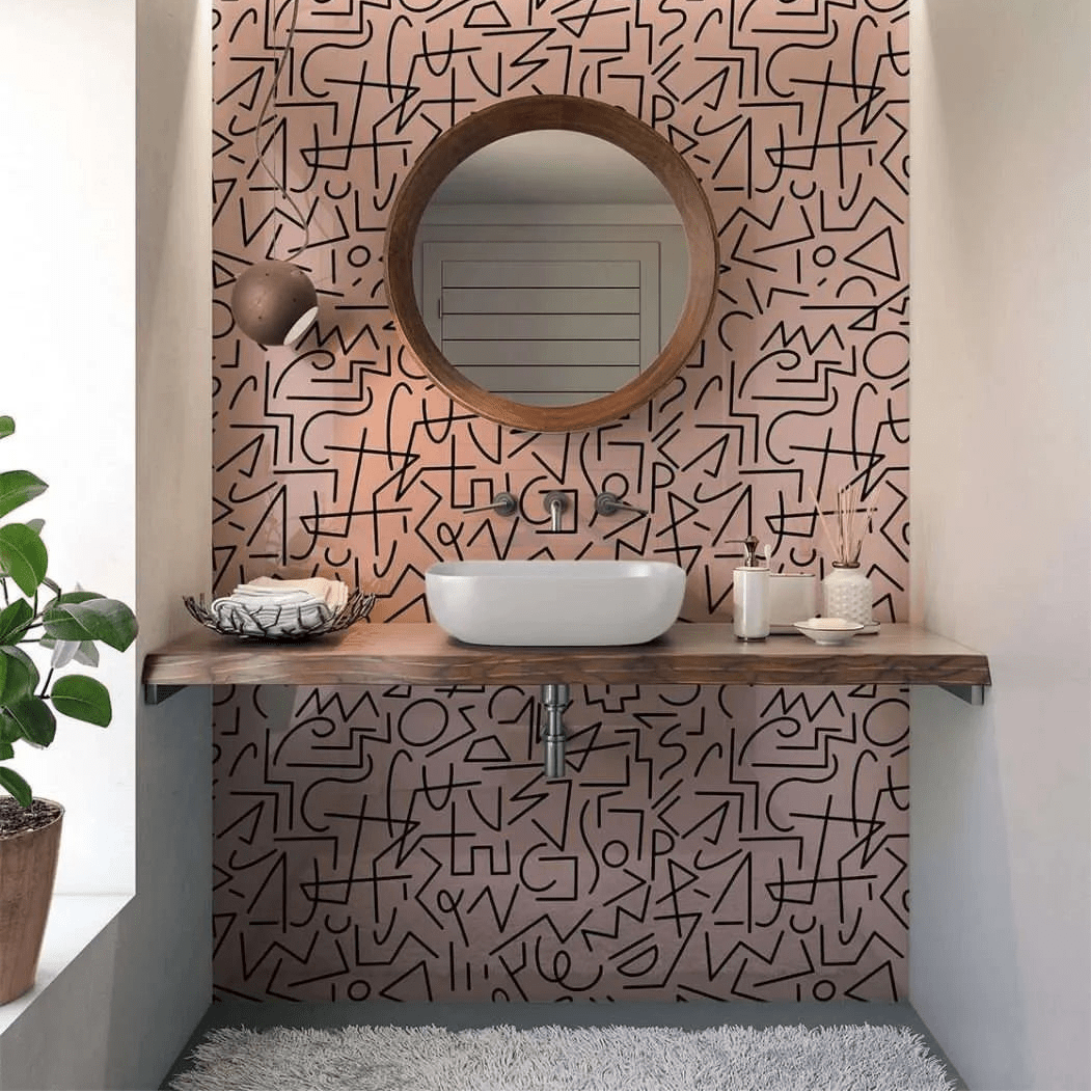 Boho Lines Pink Wall Panel pink wall panel behind a basin
